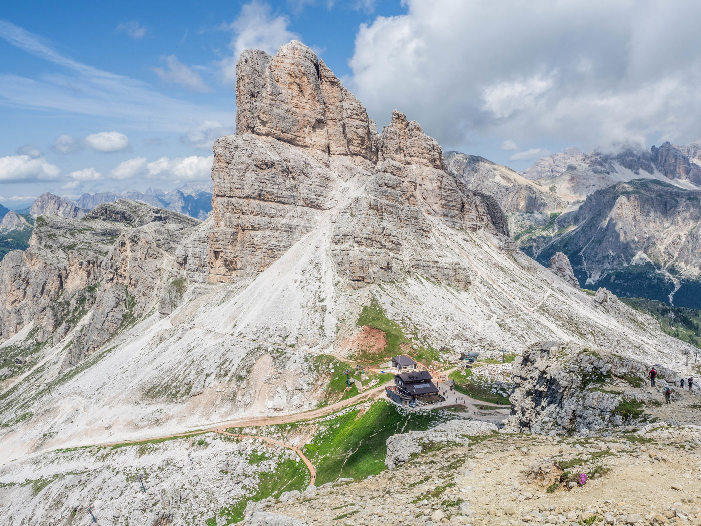 Tiefblick vom Nuvolau: Rifugio Averau mit Averau