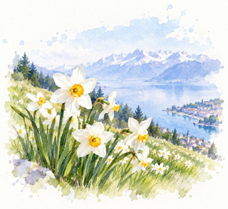 Kaum ist der Schnee getaut, leuchten die Wiesen über Montreux im weissen Maischnee der wilden Narzissen.